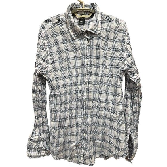 HUGO BOSS Button Up Shirt Mens XL Blue Purple White Plaid 100% Cotton Quiet Lux - Picture 1 of 7